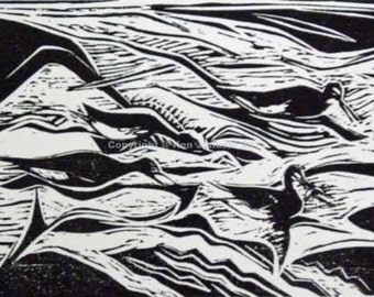 Four Feeding Yellowlegs Linocut