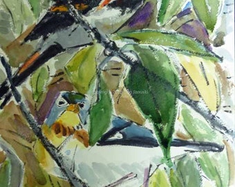 May include: Watercolor painting of two birds perched in a tree. The birds are painted in shades of black, red, and white. The leaves of the tree are painted in shades of green.