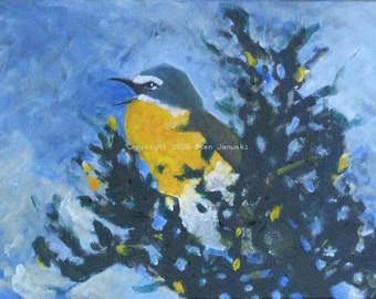 May include: A painting of a yellow and blue bird singing in a dark green bush against a light blue sky. The painting is titled "Copyright 2020 Ken Januski".