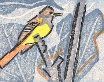 May include: A yellow and orange bird with a brown head perched on a branch. The bird is depicted in a stylized, abstract style with a blue and white background.