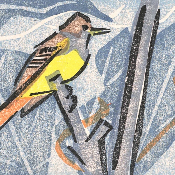 Great  Crested Flycatcher Original Moku Hanga Print