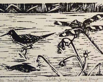 Twelve-spotted Skimmer and Solitary Sandpiper Linocut