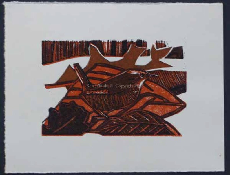 Winter Wren in Leaves Woodcut/Linocut image 2