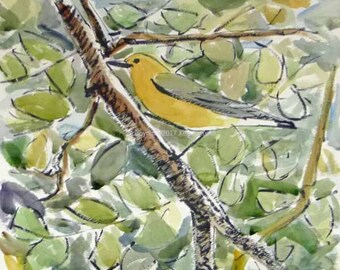May include: A watercolor painting of a yellow bird perched on a branch in a green leafy tree. The bird is facing to the right and has a long, thin beak. The leaves of the tree are painted in shades of green and yellow.