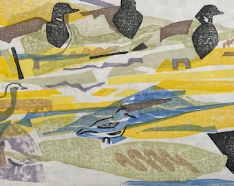 May include: Abstract woodblock print featuring stylized birds in black against a background of yellow, blue, green, and brown.