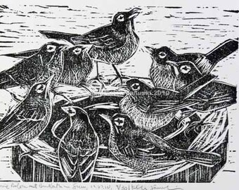 May include: Black and white woodcut print of a group of robins perched on a branch. The birds are depicted in a realistic style, with detailed feathers and beaks. The print is signed and dated by the artist.
