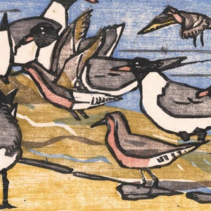 Red Knots and Laughing Gulls at Reeds Beach II Moku Hanga image 1