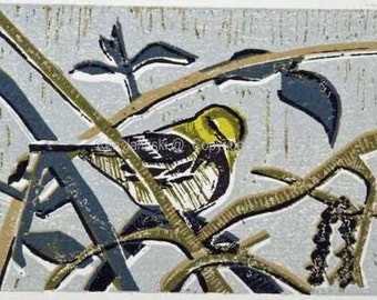 May include: A yellow and black bird perched on a branch with green and brown leaves. The bird is in a woodblock print style.