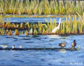 Terns, Egret, Mallards at Cape May 'Meadows' Acrylic Painting