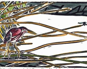Green Heron and Eastern Pondhawk Hand-colored Linocut