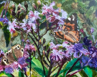 May include: A painting of a butterfly with orange, brown, and black wings, perched on a cluster of purple and pink flowers. The butterfly is in focus, while the flowers are blurred in the background.