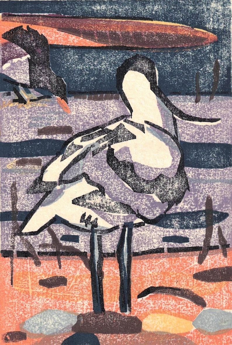 Original Moku Hanga Print of Avocet and Moorhen at Minsmere image 2