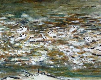 May include: A painting of a flock of white birds swimming in a murky green and brown river. The birds are clustered together in the center of the painting, with their heads and wings visible above the water.