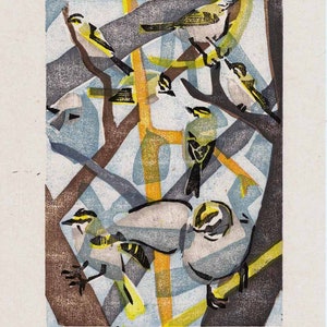 Originele Moku Hanga-print van goudgekroonde Kinglets II afbeelding 2