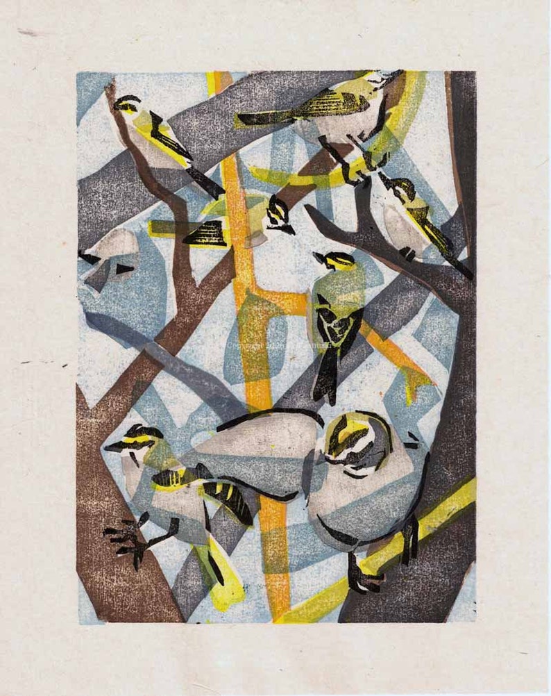 Originele Moku Hanga-print van goudgekroonde Kinglets II afbeelding 2