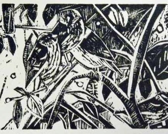 May include: A black and white woodcut print of two birds perched on a branch. The birds are stylized and have a geometric design. The background is a dense pattern of leaves and branches.