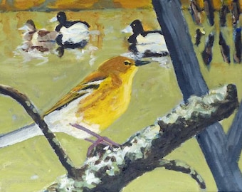 May include: A yellow bird with black stripes perched on a branch with a green background. The bird is looking to the right. There are several ducks in the background.