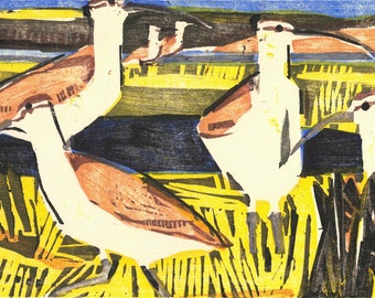 May include: A woodblock print of four white birds with long necks and beaks, standing in a field of yellow and green grass. The birds are stylized and have a geometric look. The background is a blue sky with a few clouds.