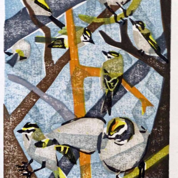 Golden-crowned Kinglets Original Moku Hanga Print