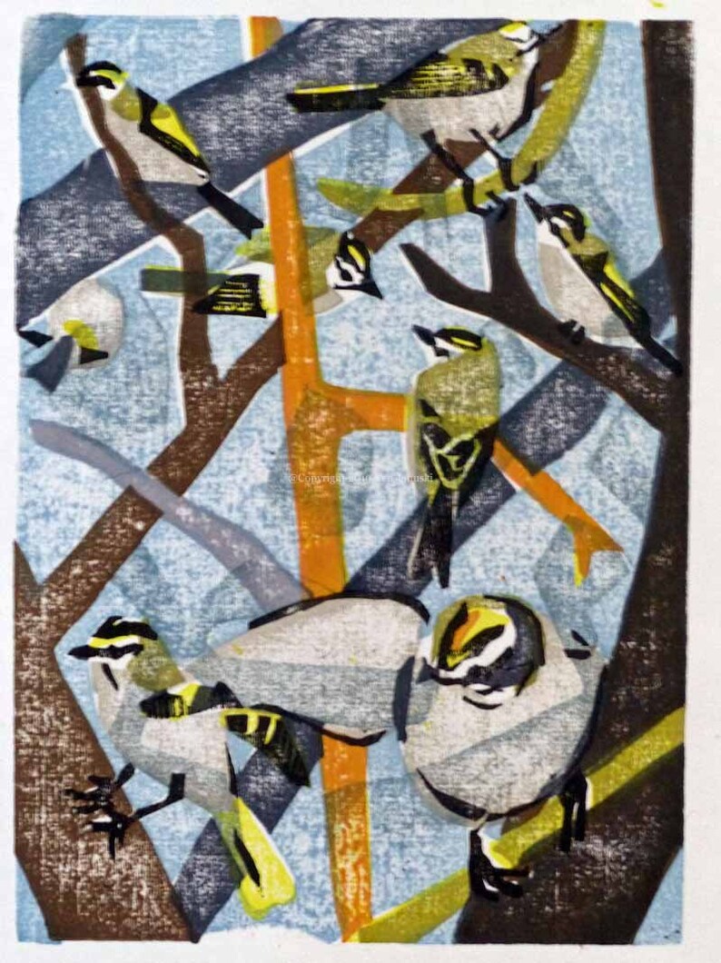 Golden-crowned Kinglets Original Moku Hanga Print
