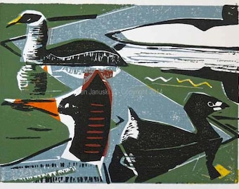 Mergansers and Grebes on Schuylkill River Woodcut