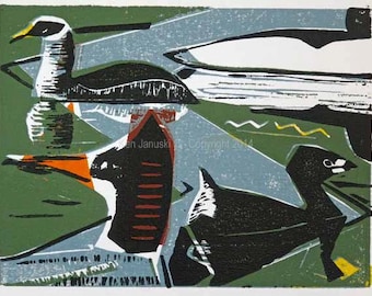 Mergansers and Grebes on Schuylkill River Woodcut