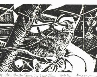 May include: Black and white woodcut print of a bird in a geometric pattern. The print is titled "This White-Throated Sparrow is in Brooklyn" and signed "Furi" with the date "2012".