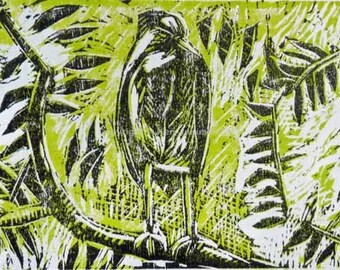 Yellow-crowned Night Heron at Manayunk Canal Reduction Linocut