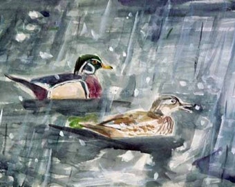 May include: A watercolor painting of two ducks swimming in a pond. The ducks are brown and white with a green head and a long, thin beak. The background is a light blue with white dots, suggesting rain.