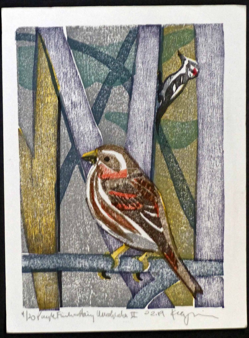 Purple Finch and Hairy Woodpecker II Original Moku Hanga Print image 2