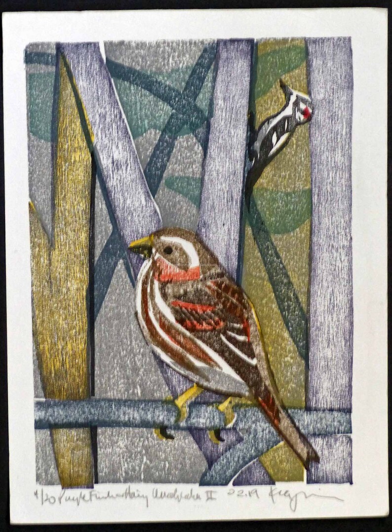 Purple Finch and Hairy Woodpecker II Original Moku Hanga Print