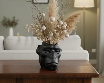 Jarrón Gorila Negro, Maceta de Cerámica con Cabeza de Animal para la Decoración del Hogar