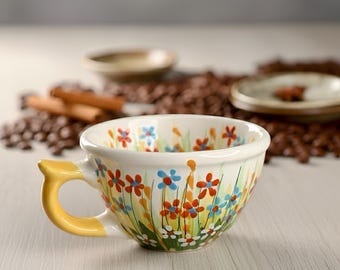 Ceramic Mug with Wildflowers, Hand Painted Coffee Cup, Rustic Floral Mug, Gift for Mom