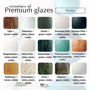 Puede incluir: Una carta de colores que muestra una variedad de esmaltes cer&aacute;micos mate. La carta muestra muestras rectangulares en tonos como marr&oacute;n, verde, blanco y negro, con nombres como "Tiger", "Ocean" y "Alligator". El texto "Premium glazes" est&aacute; en la parte superior.