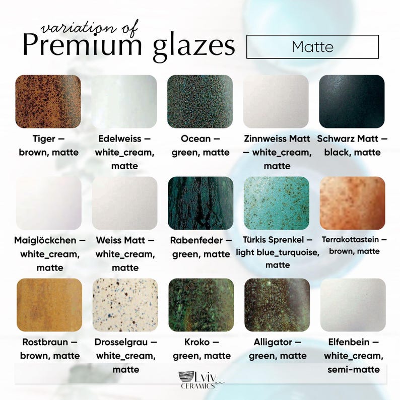 Puede incluir: Una carta de colores que muestra una variedad de esmaltes cer&aacute;micos mate. La carta muestra muestras rectangulares en tonos como marr&oacute;n, verde, blanco y negro, con nombres como "Tiger", "Ocean" y "Alligator". El texto "Premium glazes" est&aacute; en la parte superior.
