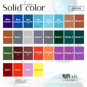 Puede incluir: Una carta de colores con una variedad de colores de esmalte s&oacute;lido para cer&aacute;mica. La carta incluye tonos de azul, marr&oacute;n, gris, verde, granate, naranja, morado, rojo, rosa y cromo. El texto dice "Solid color" y "glazes". El logotipo de Lviv Ceramics est&aacute; en la parte inferior derecha.