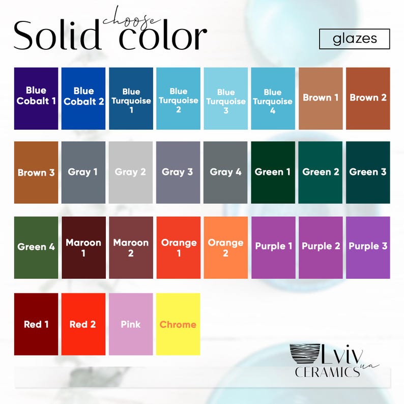 Puede incluir: Una carta de colores con una variedad de colores de esmalte s&oacute;lido para cer&aacute;mica. La carta incluye tonos de azul, marr&oacute;n, gris, verde, granate, naranja, morado, rojo, rosa y cromo. El texto dice "Solid color" y "glazes". El logotipo de Lviv Ceramics est&aacute; en la parte inferior derecha.