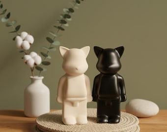 Figura de gato de cerámica, escultura minimalista, estatua de animal neutra para estante, regalo para amantes de los gatos.