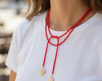 Red Beaded Wrap Necklace | Mother of Pearl Heart Lariat