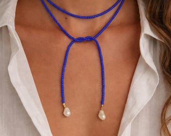 Beaded Lariat Necklace with Freshwater Pearls – Adjustable Y Necklace, Choker Alternative