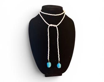 Lariatketting met kralen en blauwe steenaccenten – verstelbare Y-ketting, alternatief choker