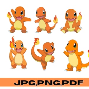 May include: Six orange Charmander illustrations in various poses, each with a yellow belly and a flame on its tail. The text "JPG, PNG, PDF" is displayed in orange at the bottom of the image.