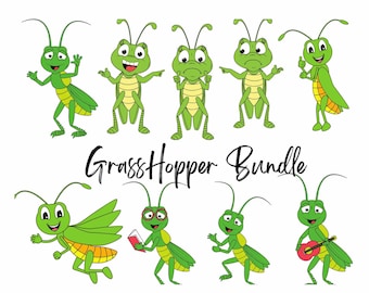 Grasshopper Bundle SVG: Cartoon Insect Clipart, Nature Crafts (Digital Download)