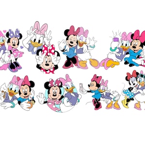 May include: A collection of colorful cartoon stickers featuring Minnie Mouse and Daisy Duck in various poses. The characters are shown wearing their signature bows, dresses, and shoes, interacting with each other, taking selfies, and eating snacks.