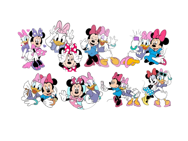 May include: A collection of colorful cartoon stickers featuring Minnie Mouse and Daisy Duck in various poses. The characters are shown wearing their signature bows, dresses, and shoes, interacting with each other, taking selfies, and eating snacks.