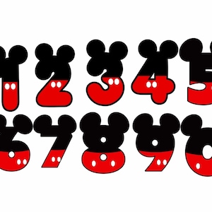 以下が含まれることがあります： 0から9までの数字のセットで、それぞれ上部に黒いミッキーマウスの耳のシルエットがデザインされています。 数字は赤と白で、白い点のディテールがあり、白い背景に配置されています。