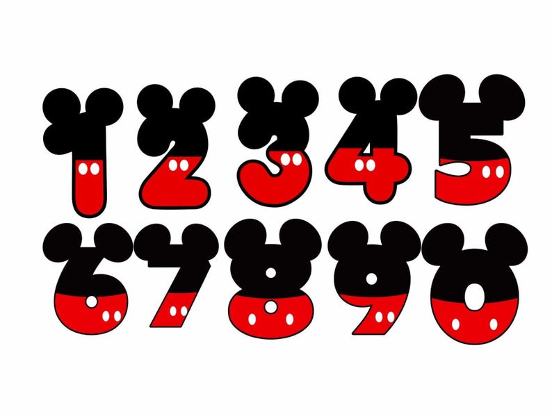 以下が含まれることがあります： 0から9までの数字のセットで、それぞれ上部に黒いミッキーマウスの耳のシルエットがデザインされています。 数字は赤と白で、白い点のディテールがあり、白い背景に配置されています。