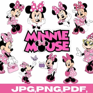 May include: A collection of Minnie Mouse character illustrations in various poses, wearing pink polka dot dresses and bows. The image includes the text "Minnie Mouse" in pink and black, and the file types JPG, PNG, and PDF.