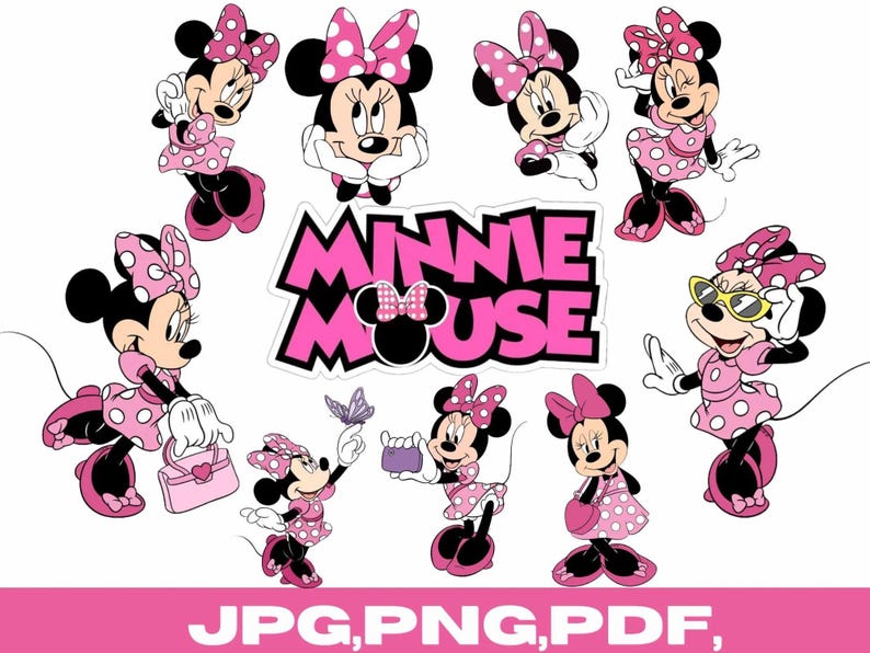May include: A collection of Minnie Mouse character illustrations in various poses, wearing pink polka dot dresses and bows. The image includes the text "Minnie Mouse" in pink and black, and the file types JPG, PNG, and PDF.