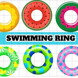 May include: Six circular inflatable swimming rings arranged in two rows. Designs include a yellow scalloped ring, a red watermelon pattern, a green ring with pink scalloped accents, a green ring with yellow ducks and white daisies, a green ring with blue polka dots, and a pink ring with blue polka dots. The text SWIMMING RING is centered.